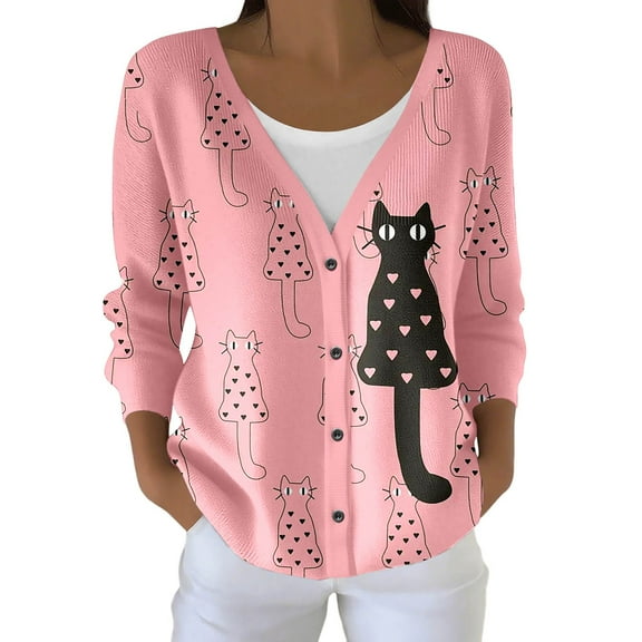 Wang6 Womens Plus Size Cardigan Sweaters Fall Open Front Button Long Sleeve Knit Sweater Causal Deep V Neck Loose Cute Animal Printed Knitted Outwear Tops Pink1 XL