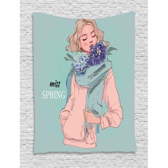 Miss Spring Tapestry, Woman Print with Flowers and a Scarf Around Her Neck, Wall Hanging for Bedroom Living Room Dorm Decor, 60W X 80L Inches, Pale Slate Blue Blush, by Ambesonne
