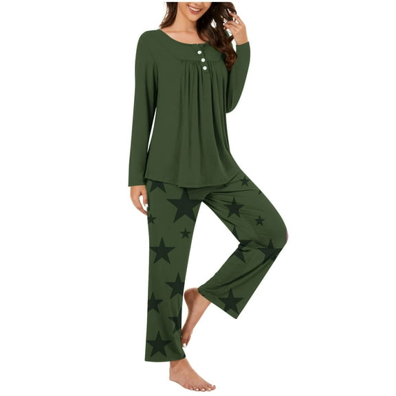 Aoujea 50% Off Clear! Plus Size Womens Pjs Sets Long Sleeve Pajamas for Women Comfy Fashion And Casual Loose Printed Round Neck Button Up Long Sleeved Pants Pajama Set Deals
