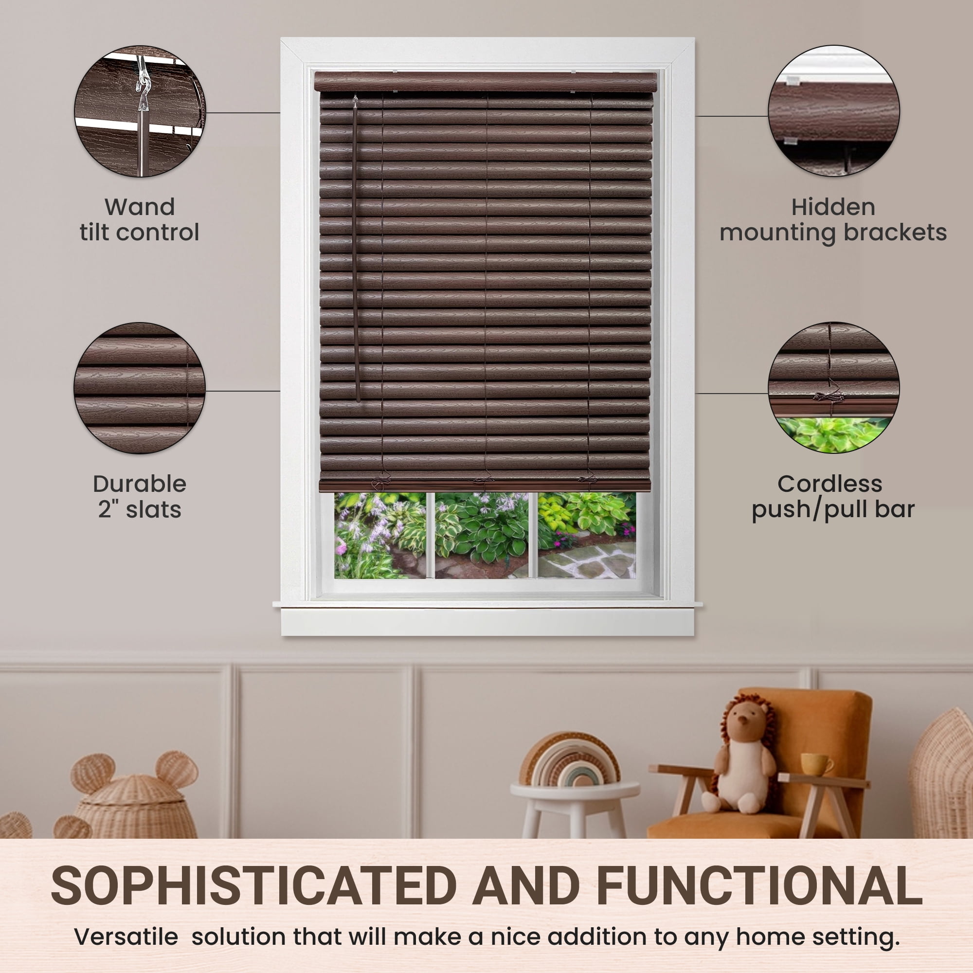 PowerSellerUSA Cordless Window Blinds, 2" Slats Vinyl Mini Blind, Premium Embossed Woodgrain, Anti-UV Window Treatment, Mahogany, 30" Width x 64" Length, (Fits windows 23" - 64")