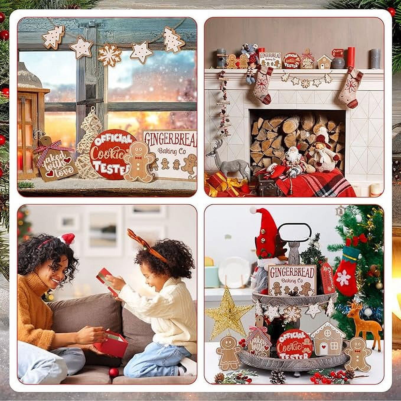 12Pcs Christmas Tiered Tray Decor Christmas Wood Tabletop Decor Gingerbread Man Xmas Tabletop Farmhouse Coffee Signs Snowmen for Christmas Winter Farmhouse Home Party Holiday Decoration