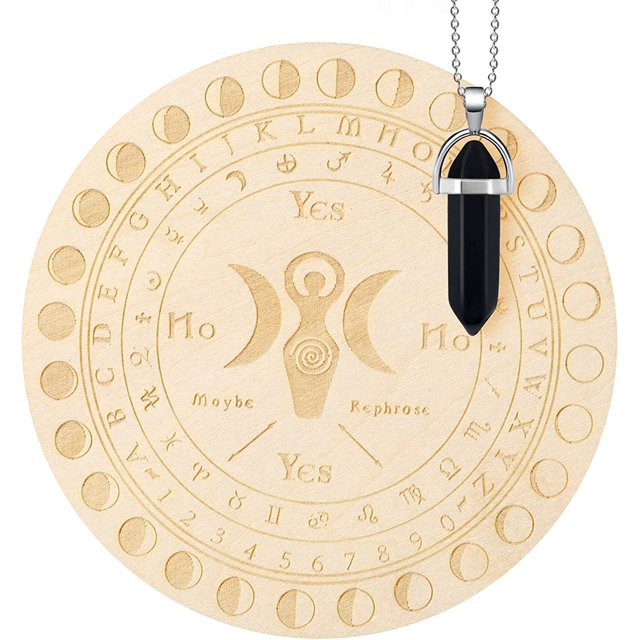 Moon Phase Pendulum Board Wooden Carved Board with Crystal Dowsing Pendulum Necklace Witchcraft Wiccan Altar Supplies Kit Dowsing Divination Metaphysical Message Board, 4 Inches