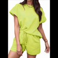 thumbnail image 1 of Women's 2 Piece Solid Color Round Neck Casual Textured Fabric Short Sleeve Pajamas Sweatsuit Set Lemon Yellow XXL, 1 of 7