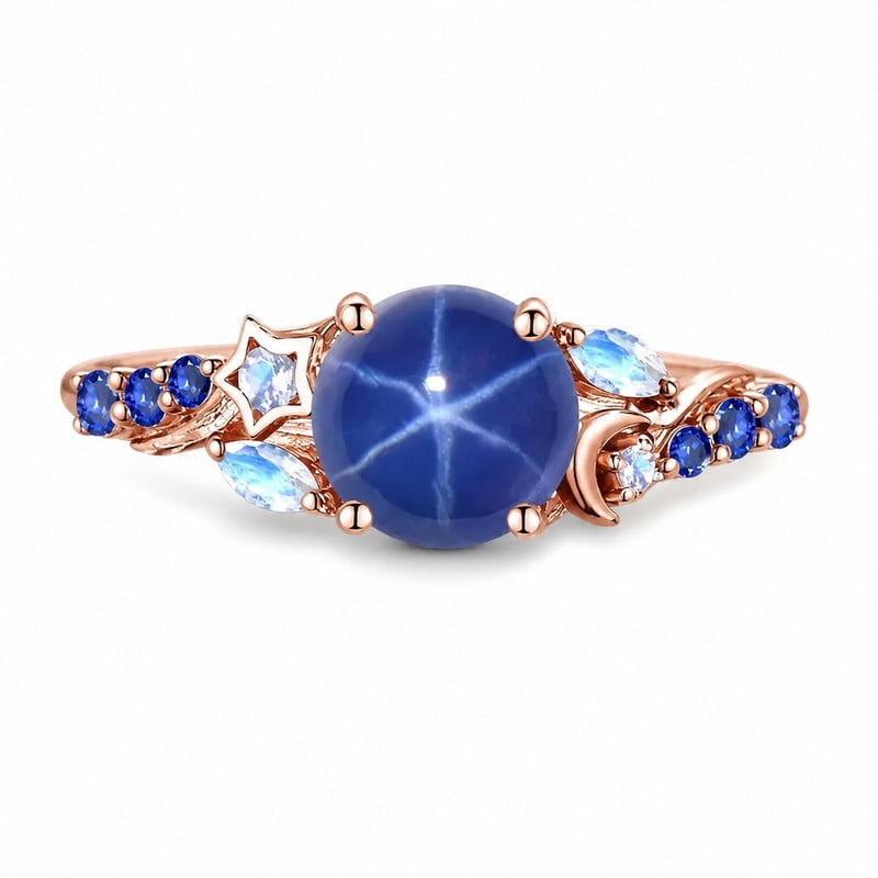 DreamJewelryHub Rose Gold Blue Lindy Star Sapphire Ring 7mm Round Sterling Silver Art Deco Engagement Promise Ring for Women Size :- 3