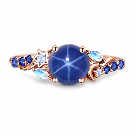 DreamJewelryHub Rose Gold Blue Lindy Star Sapphire Ring 7mm Round Sterling Silver Art Deco Engagement Promise Ring for Women Size :- 3