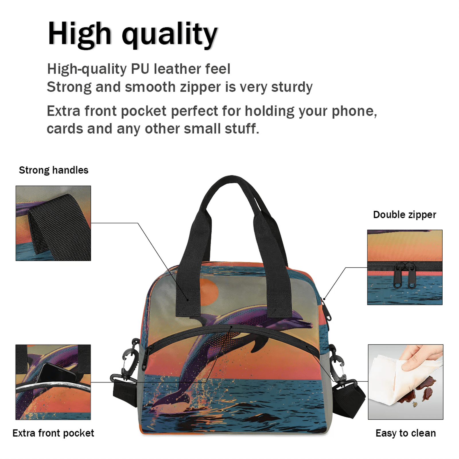 Herdesigns Dolphin Insulated Lunch Bag for Women Men Adult, Reusable Insulated Cooler Lunch Box Lunch Tote Bag for Work Picnic Beach