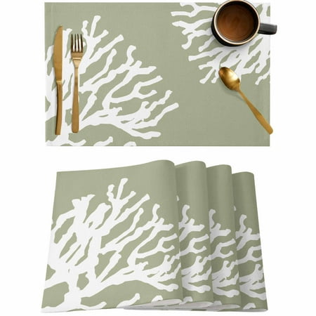 

Ocean Coral Sage Green Placemats Set of 4 Wipeable Washable Table Mats for Dining Tables Modern Minimalist Art Place Mats for Kitchen Event Party Tabletop Decor