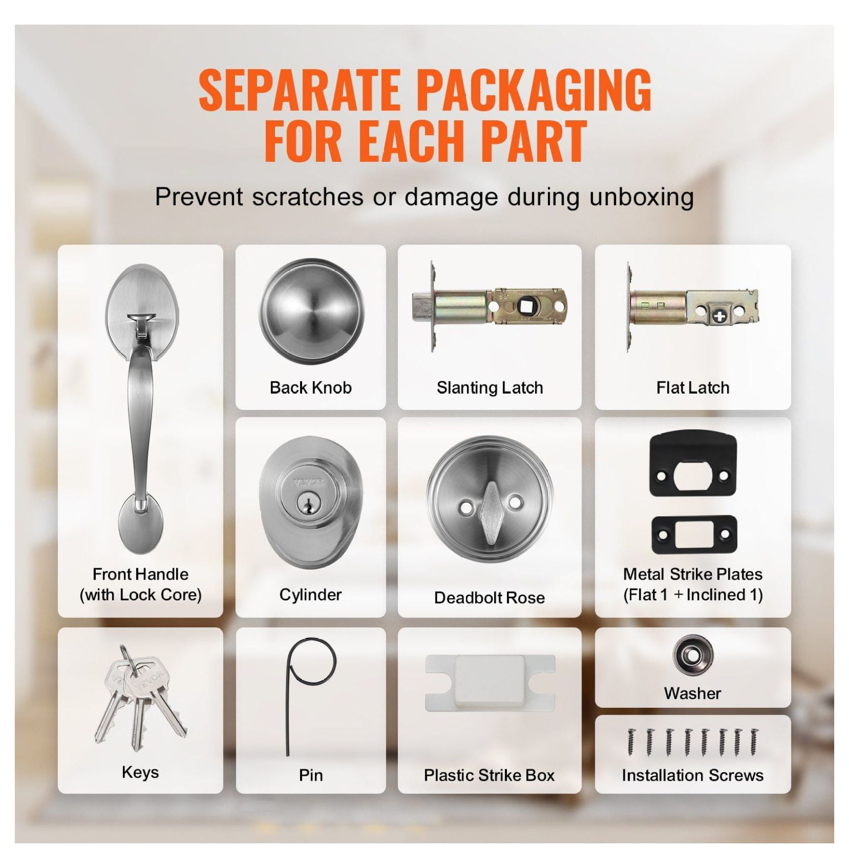 Front Door Handle and Deadbolt Set, Satin Nickel Door Lockset with Knob, Adjustable Hole Spacing Handleset, Single Cylinder, for Entry & Front Doors