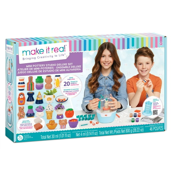 Make It Real: Mini Pottery Studio Deluxe Set - Diy All-In-1 Sculpting Craft Kit All Skill Levels Miniature Clay Projects Kids Girls & Tweens Age 8+