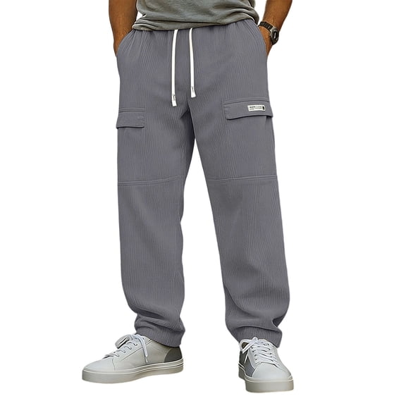 Sweatpants for Men Jerdar Men's Solid Color Fleece Elastic Waist Drawstring Multi-Pocket Work Pants