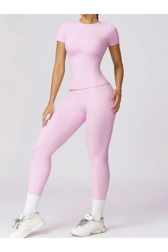 2/4 Counts Women's Solid Round Neck Tee & High Waist Leggings Tracksuit Set, Sporty Comfy T-shirt & Skinny Pants for Yoga Gym Workout, Ladies Summer Back To School Sportswear