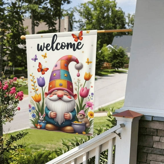 Spring Decorations For Home Spring Gnome Colorful Flower Watercolor Spring Summer Garden Flag 12 X 18 Inch Double Sided,Welcome Farmhouse Yard Outdoor Flag