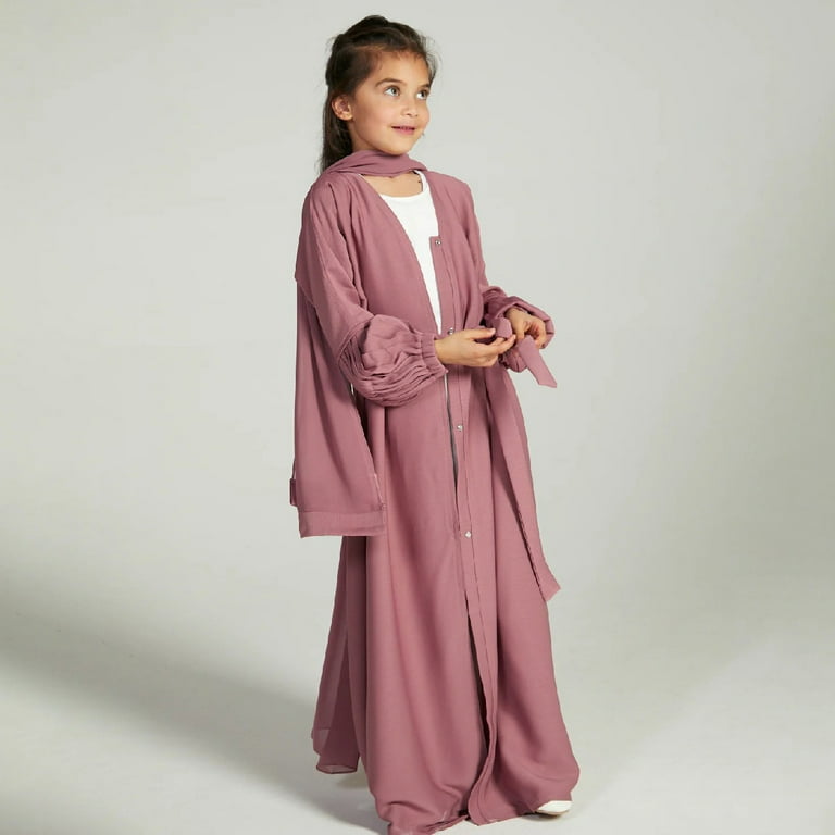 IDOPIP Kids Girls Muslim Abaya Long Sleeve Snap Front Dress with Belt Robe  Kimono Dubai Hijab Dress - Walmart.com