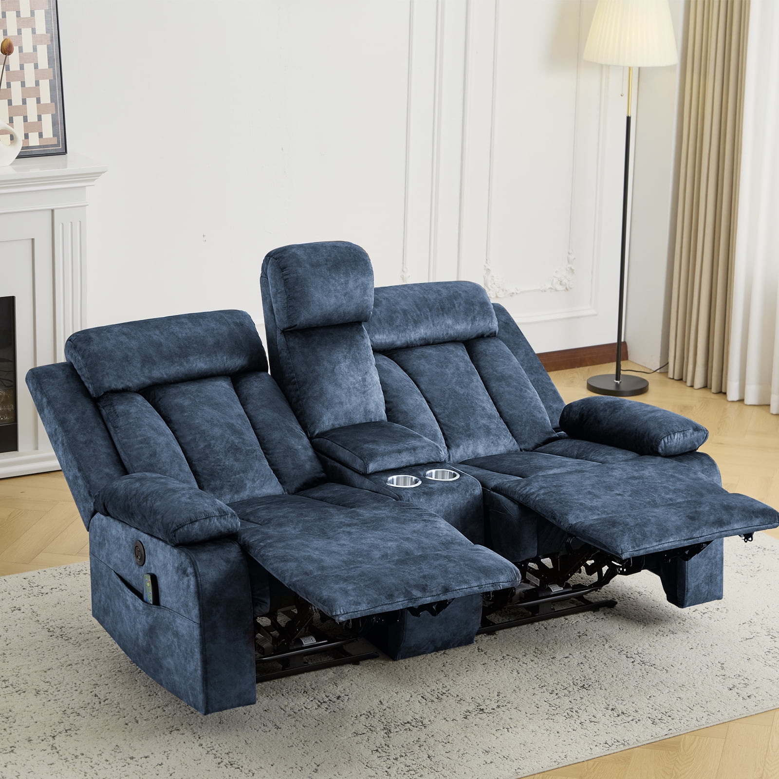 Power Recliner Loveseat Sofa with Console Storage, Heat & Massage, Reclining Sofa Couch with Cup Holders, USB & Type-C Ports, Dutch Velvet Recliner Couch for Living Room, RV,Office,Apartment