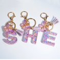 thumbnail image 3 of Llaveros con letras iniciales para mujer, borla, mariposa, rosa, morado, bonito llavero de coche para cartera, monederos, mochila, siete en total, 3 of 5
