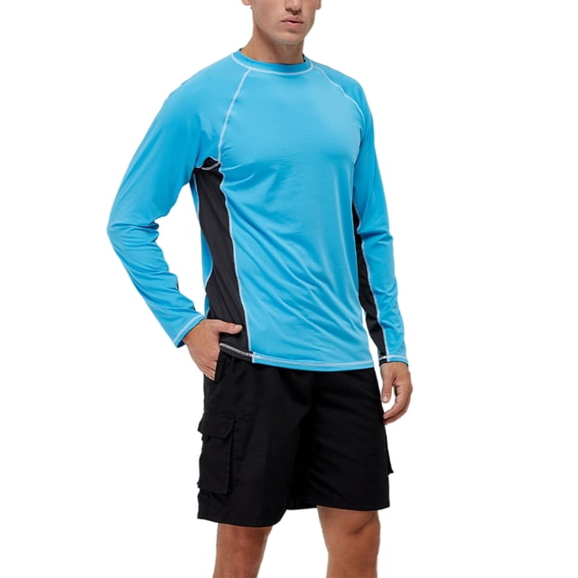 Daeful Maillot de Bain de Surf à Manches Longues pour la Plage, Col Ras du Cou, Maillot de Bain pour Hommes, Séchage Rapide, Extensible, à Blocs de Couleur, Bleu Ciel Gris m