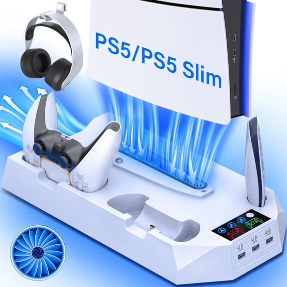 PS5 Stand with Cooling Fan, JAVRUNWOF PS5 Cooling Station with Dual Controller Charging Station for PS5 Pro/Slim/Standard Disc/Digital Console - 3 Levels Adjustable Fan/3 USB Hubs,White