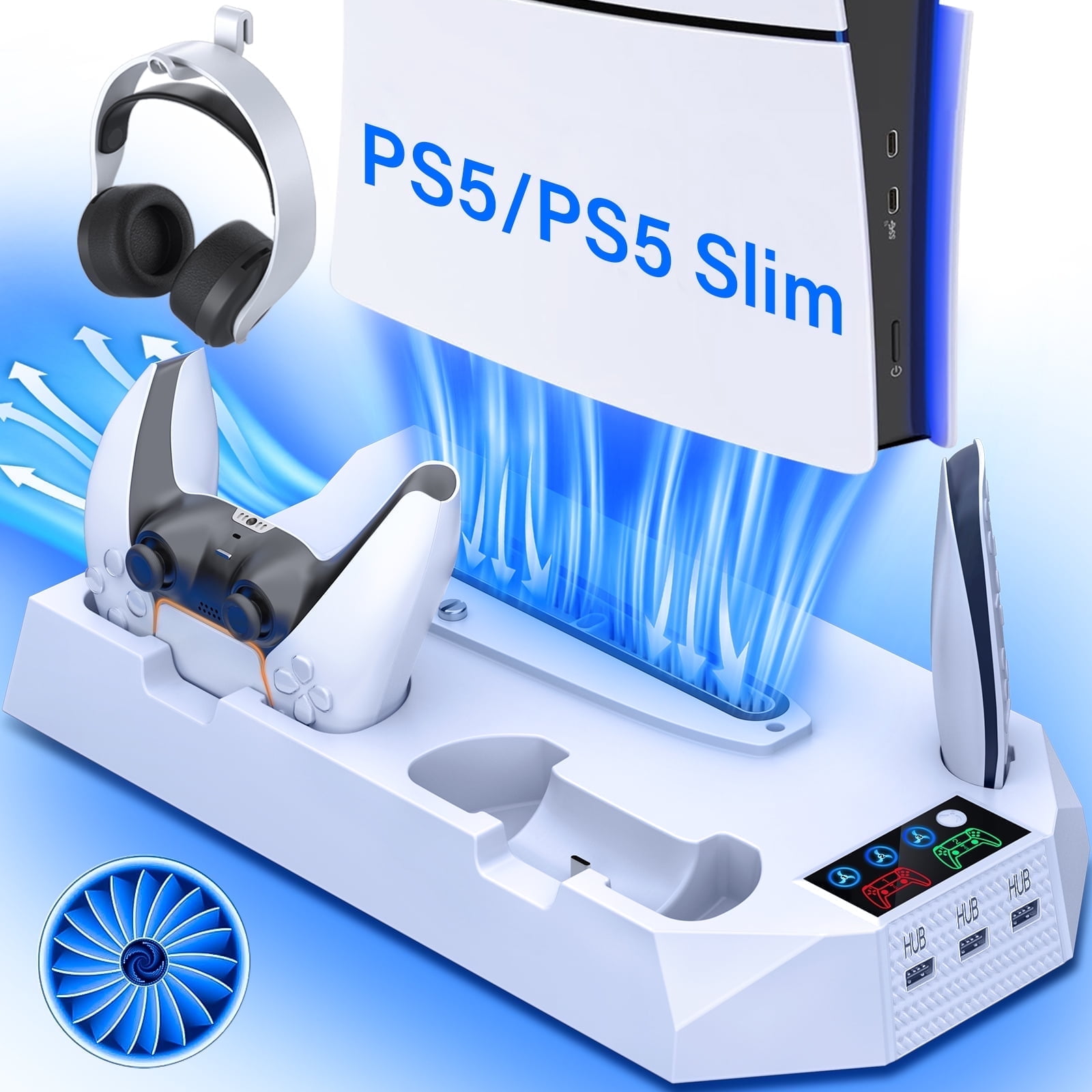 PS5 Stand with Cooling Fan, JAVRUNWOF PS5 Cooling Station with Dual Controller Charging Station for PS5 Pro/Slim/Standard Disc/Digital Console - 3 Levels Adjustable Fan/3 USB Hubs，White