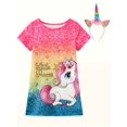 thumbnail image 3 of Girls Casual Cartoon Unicorn Printed Pattern Sweet and Cute Short Sleeve Pajama Dresses, 3 of 5