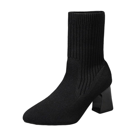 Xfvqtps Womens Knit Sock Boots Mid Calf Block Heel Booties Pointed Toe Stretchy Fashion Winter Ankle Boots for Casual Comfort