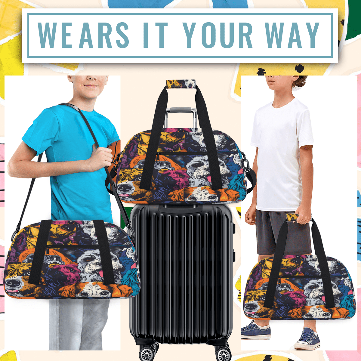 Herdesigns Sports Duffle Bags Travel Duffle Bag Gym Bag Dogs Colorful Weekender Travel Bag Waterproof Overnight Bag Carry On Travel Tote Bag Dance Bags