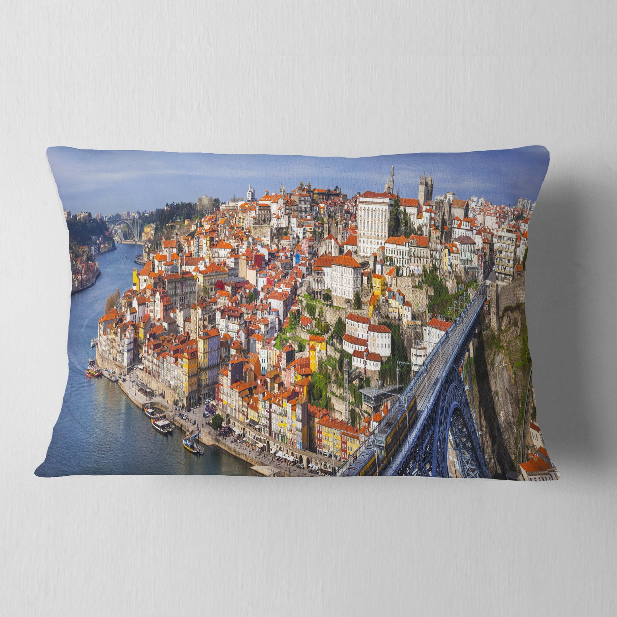 Designart Porto City Panoramic View - Cityscape Photo Throw Pillow - 12x20