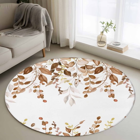 Brown Eucalyptus Leaves 4ft Round Rug, Farmhouse Botanical Watercolor Non-Skid Rubber Backing Large Area Rugs - Living Room Bedroom Home Office, Indoor Floor Mat Carpets Washable Rug