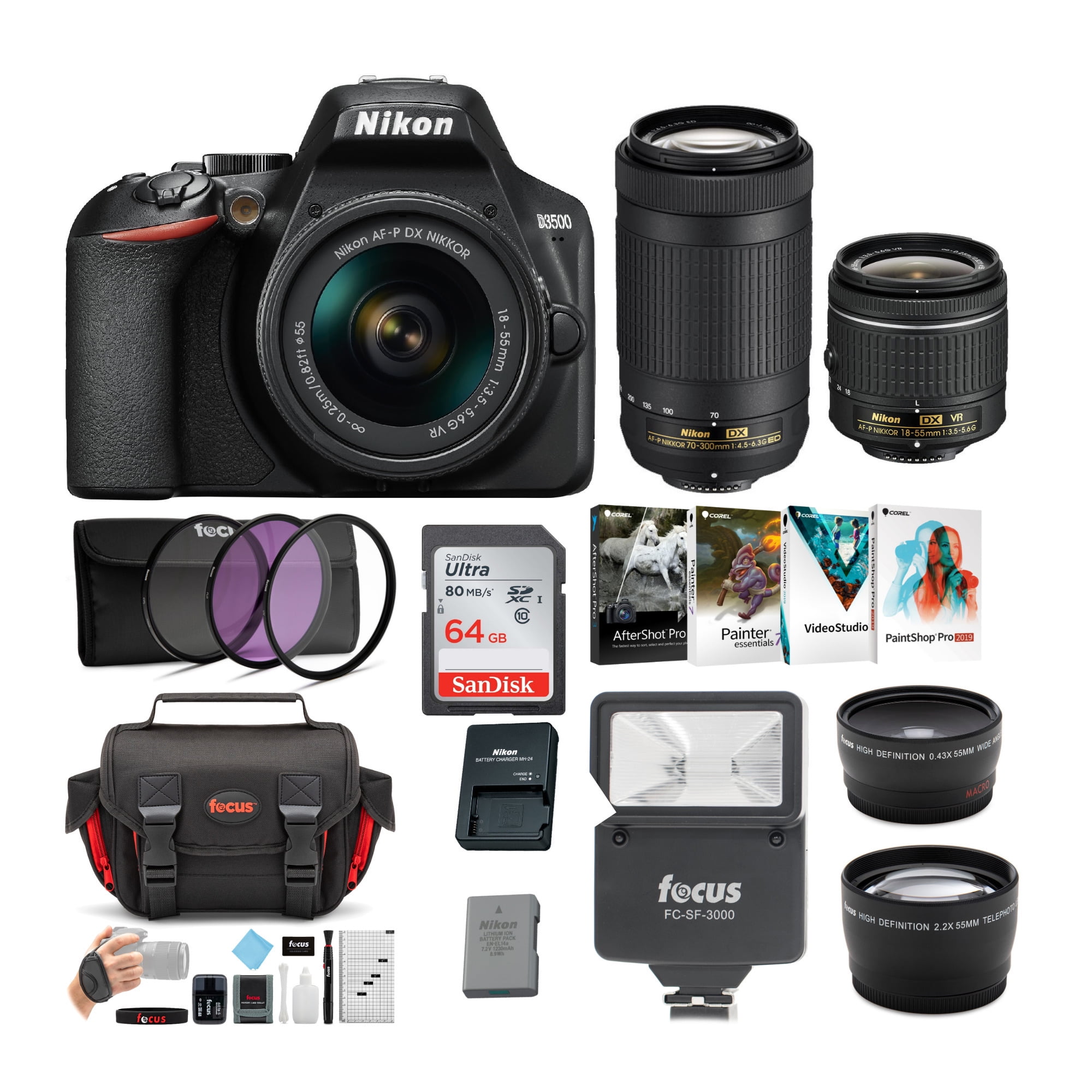 Nikon D3500 DSLR Camera with 1855 and 70300mm Lenses and 64GB
