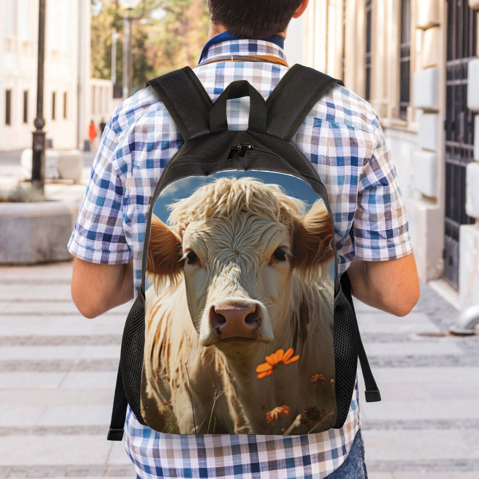 Xecao Daisy Meadow Cow Print School Backpack with Laptop Compartment Small Travel Laptop Backpack for Women Men Waterproof College Backpack Simple School Bag
