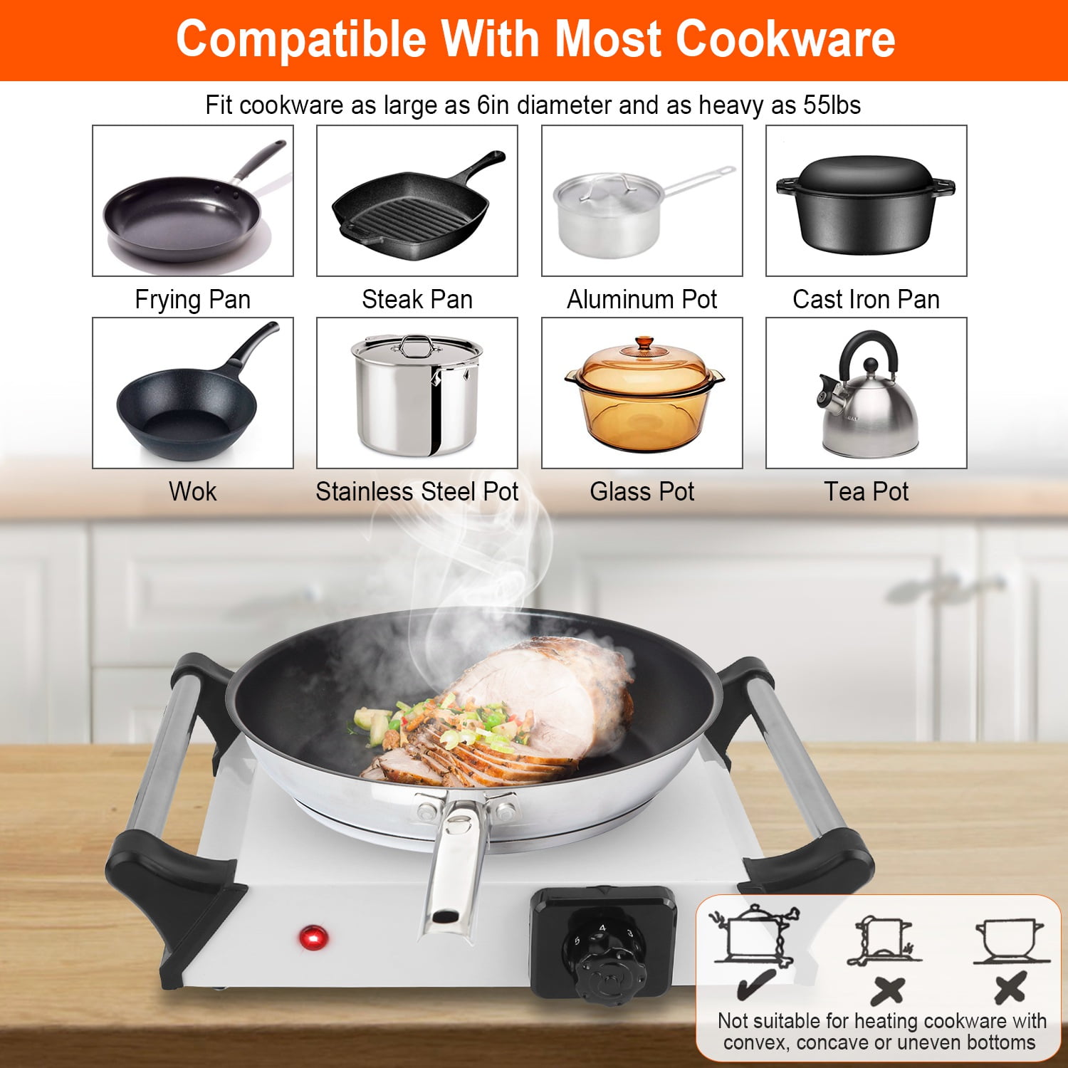 Countertop Electric Single Burner 1000W Portable Heating Hot Plate Stove Kitchen Cooker Stove with Handles 5 Temperature Adjustments Black