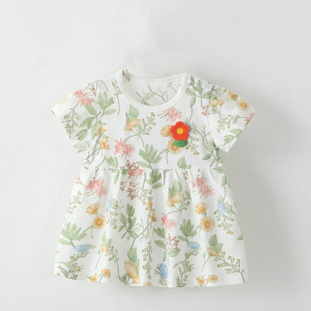 Robe Fille Tout-Petit Manches Courtes Robes de Printemps Fille Robe Ligne A Florale Robes d'Occasion Spéciale Fille