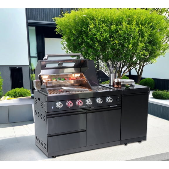 46-Inch 4-Burner 72000 BTU Deluxe Stainless Steel Gas Outdoor Kitchen Bar Barbecue Island Grill   Round Side Burner   Rotisserie kit   Granite Countertops