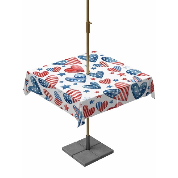 Outdoor Tablecloth with Umbrella Hole for Patio/Picnic/Party/Camping, Independence Day Waterproof Table Cloth Square Cover Washable, American Flag Love Heart Star Watercolor (60"x 60")