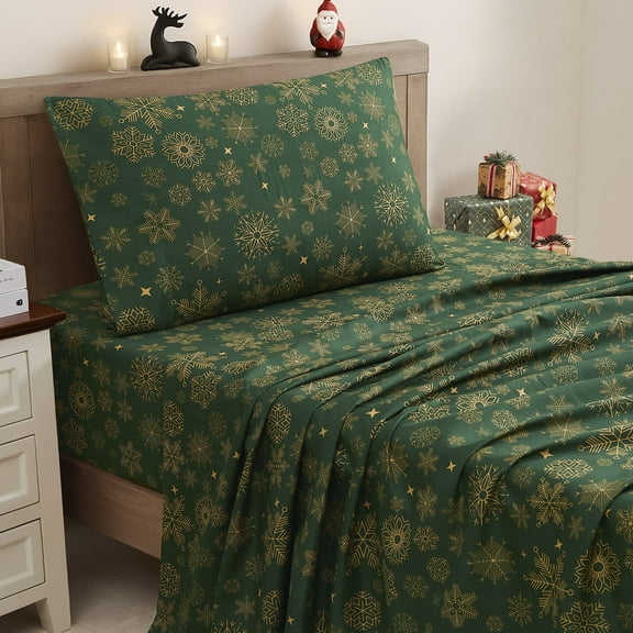 Printed Holiday 4pc Sheet Sets, Easy Care, Soft & Wrinkle-Resistant Bedding, Snowflakes - King Bed Size