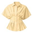 thumbnail image 5 of Women's Striped Blouse Peplum Hem Dressy Shirt Collared Short Sleeve Button Down Waist Fitted Business Casual Tops office Outfit Yellow, 5 of 5