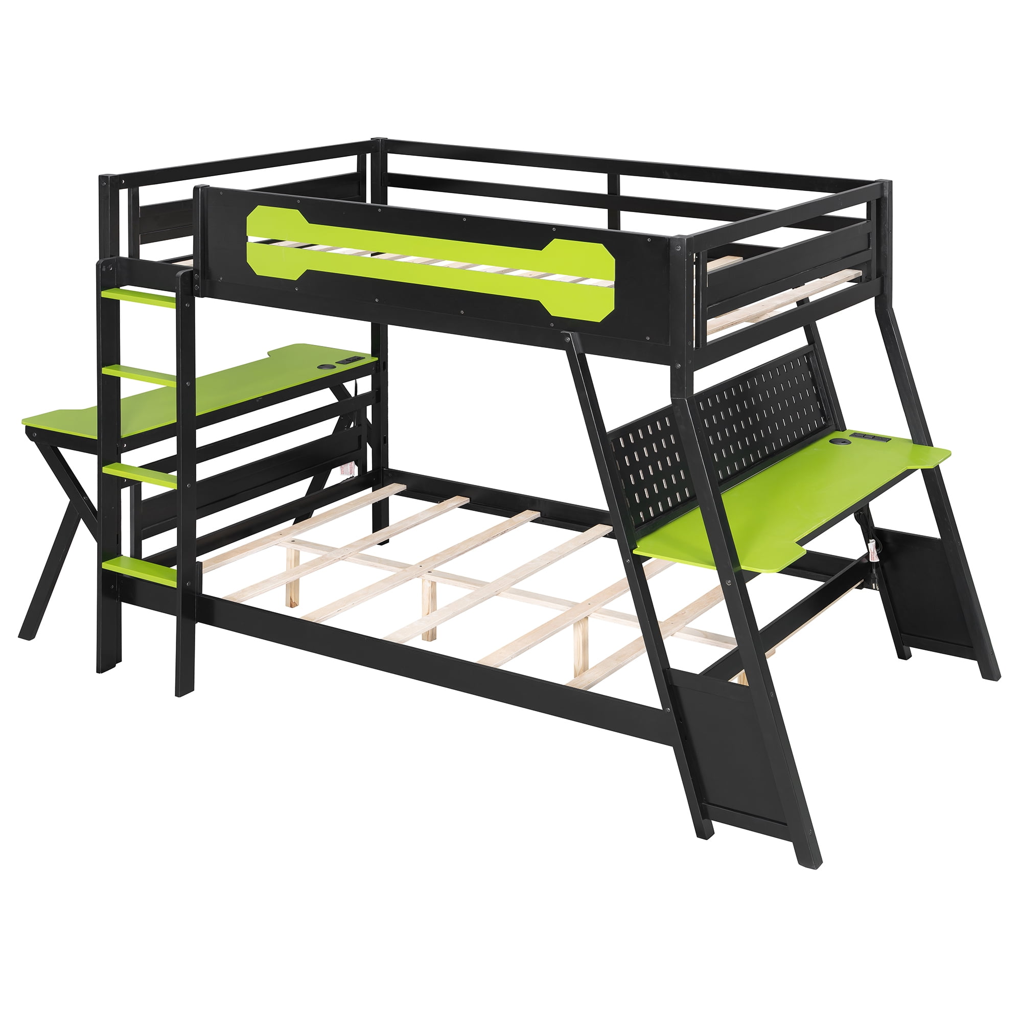 Mintazer Full Over Twin Gaming Bunk Bed with Dual Desks, E-Sport Bunk Bed with USB Desktop Ports & Pegboard Storage for Bedrooms Dorm, Green