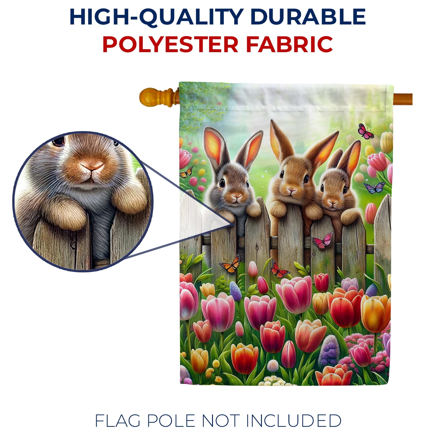 America Forever Bunnies Spring House Flag, 28” x 40” Double Sided, Three Cute Bunnies Tulip Garden and Butterflies, Spring Summer Easter Day Flags for Outdoor Patio and Home Decoration