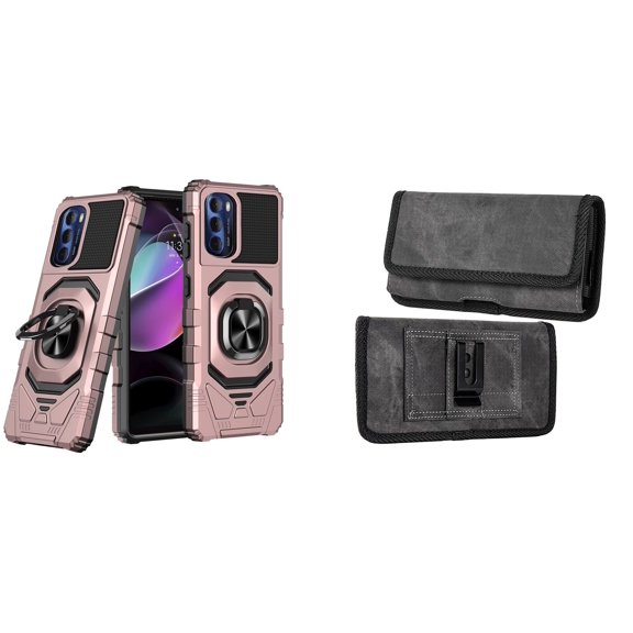 Case with Belt Holster Bundle for Moto G Stylus 5G 2022: Heavy Duty Shield Cover (Rose Gold) and Rugged Denim Nylon Phone Pouch (Grey)