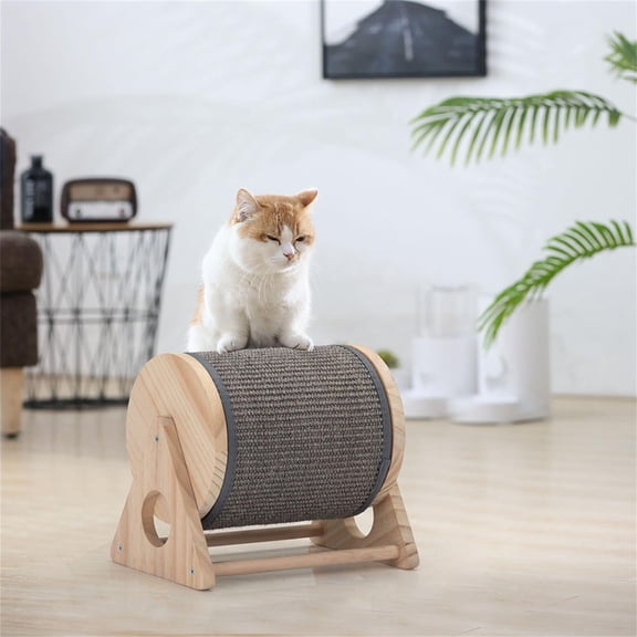 Pefilos 10" Cat Scratching Post with Sisal Wheel, Cats Scratcher Toy Interactive Wood Durable Scratch for Indoor Kitties, Beige