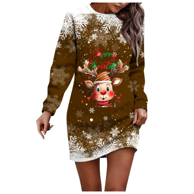 Wyzesi Robes Longues pour Femmes Formelles Automne Robe Chandail de Noël Imprimée Col Rond Manches Longues Ample Sans Capuche Robe Décontractée Robes de Soirée pour Femmes avec Manches