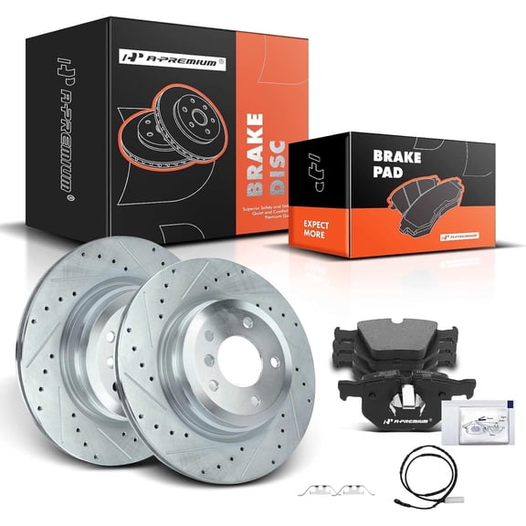 A-Premium 13.23 inch(336 mm) Rear Drilled and Slotted Disc Brake Rotors   Ceramic Pads Kit Compatible with Select BMW Models - E90 330i/330xi/, E92 335d/335i/335i xDrive/335is/335xi, E84 X1, 6-PC Set