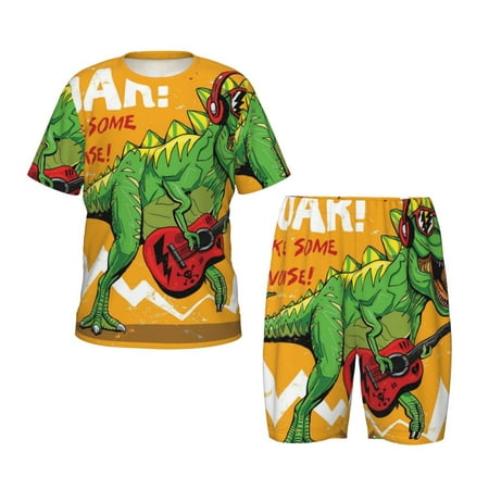 Luyuia Cool Dinosaur Playing Guitar Print Girls  2-Piece Tie-Dye Pajama Set  Cute Summer Loungewear with Shirt and Tank Shorts Nightwear-X-Large
