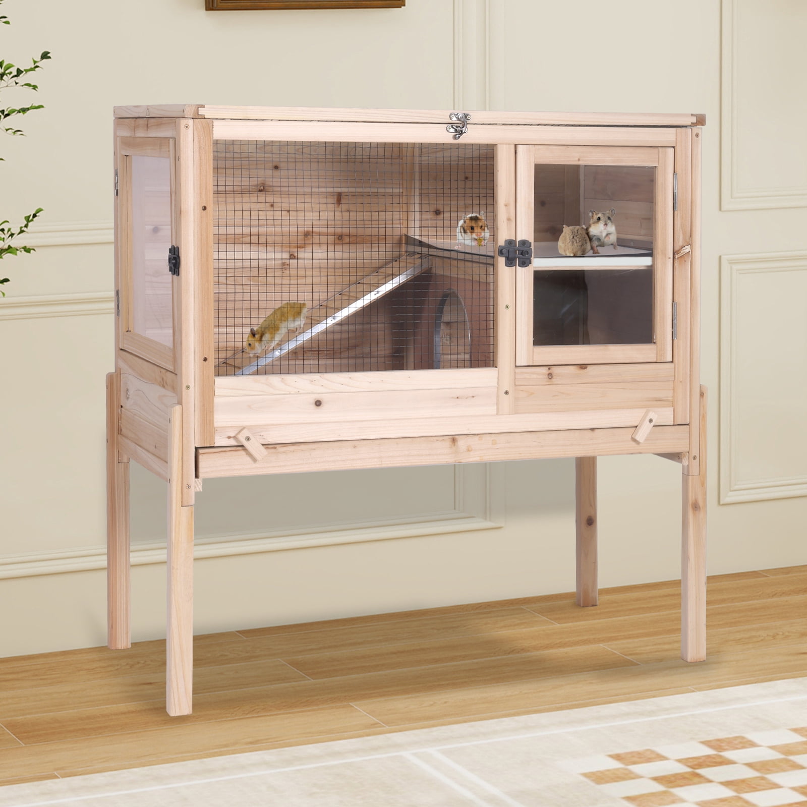 Aivituvin Wooden Guinea Pig Cages Indoor with Removable Stand, Anti Chewing Rabbit Hutch with Ramp and Wire Mesh, 2 Story Small Animals House Habitat with Pull Out Tray, Natural