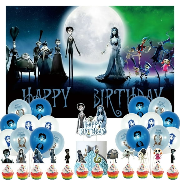 32 Pcs For Corpse Bride Theme Birthday Party Supplies Party Favor Set,With 13 Cupcake Toppers,5*3ft Birthday Backdrop Decorations,18 Balloons, All-in-One Party Supply Set