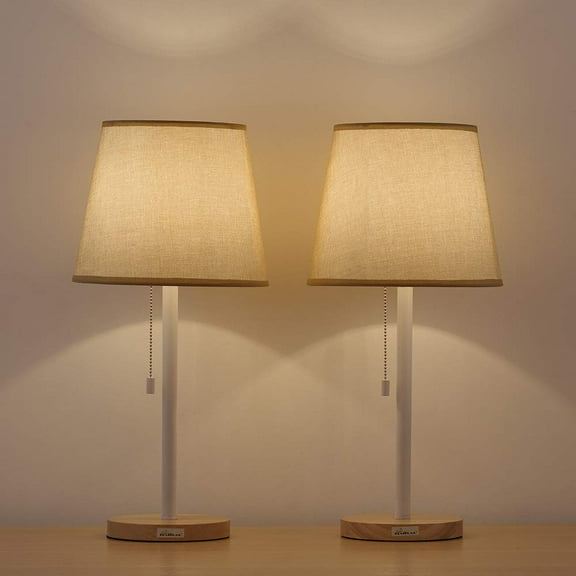 Contemporary Wooden Pull Chain White Table Reading Lamp, Set of 2