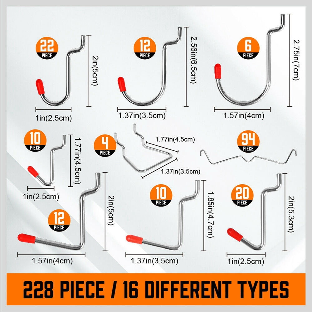 228 Pcs Pegboard Hooks Assortment with Metal Hooks Sets, Pegboard Bins, Peg Locks for Organizing Storage System Tools