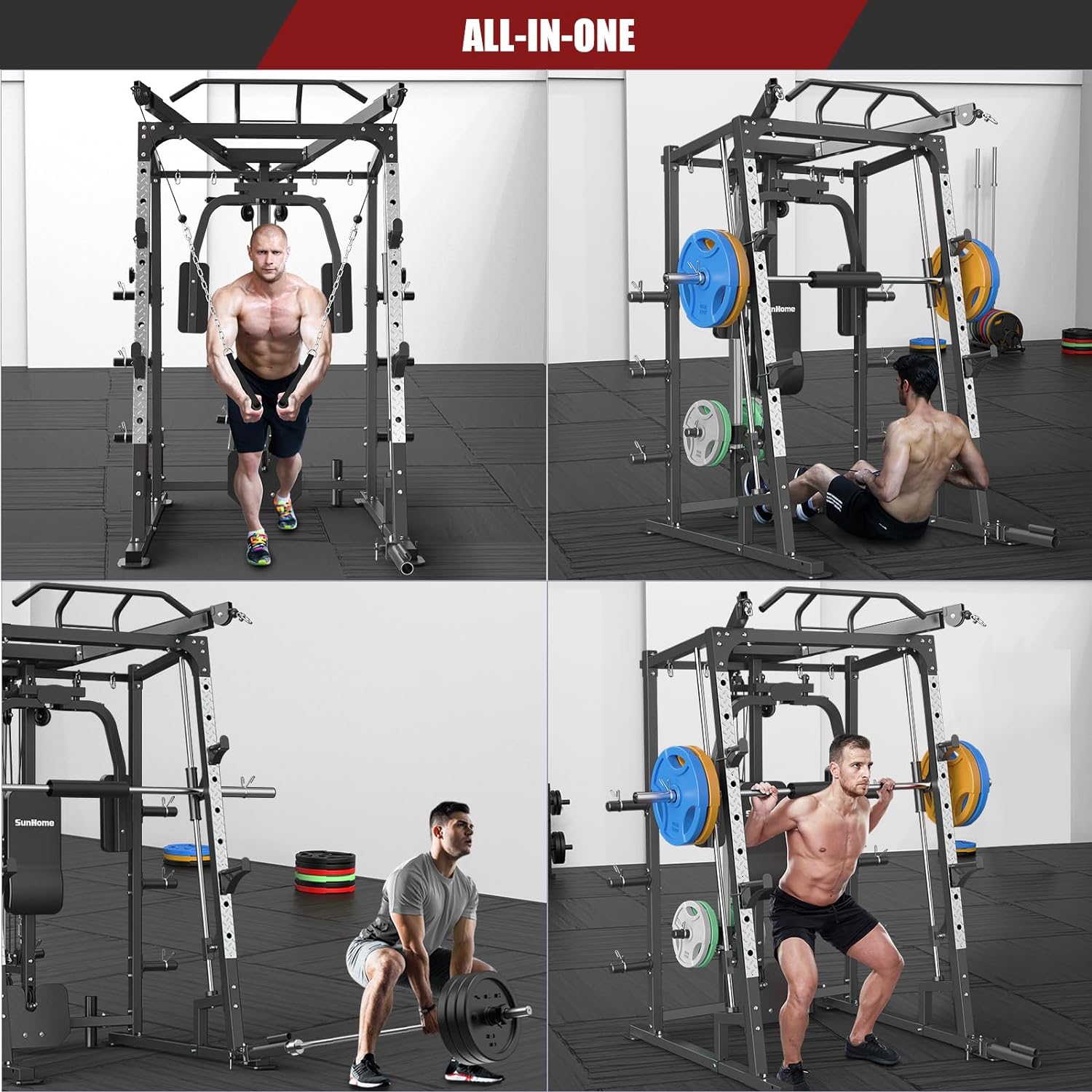 Sunhome Smith Machine 2000 LBS Power Cages Squat Rack More Cable Attachment Two LAT Pull-Down Systems, Cable Crossover Machine Home Gym