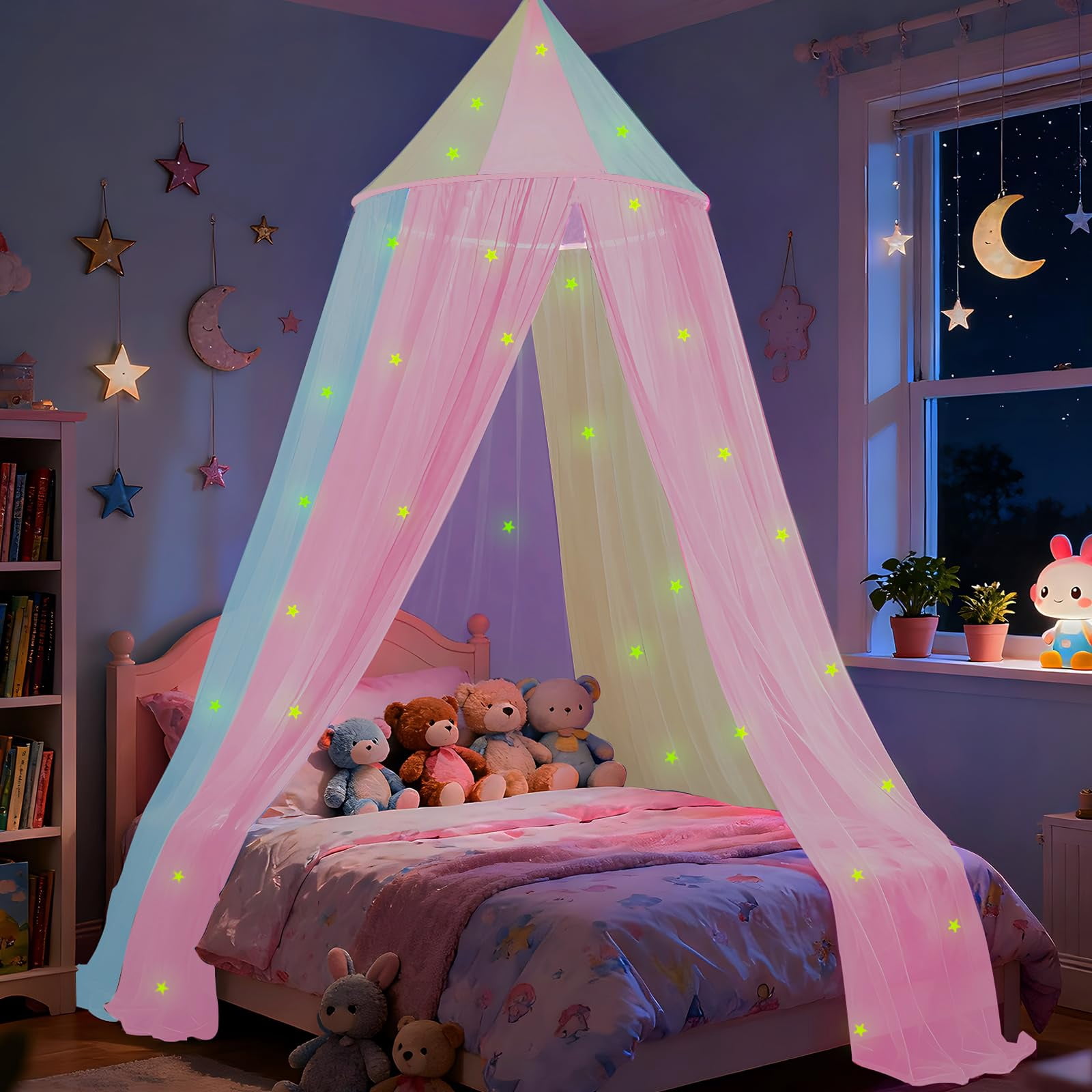 Rainbow Bed For With Glowing Stars  Colorful Princess Curtains Full And Queen Sizes Mosquito Netting Ceiling Tent Bedroom Decor