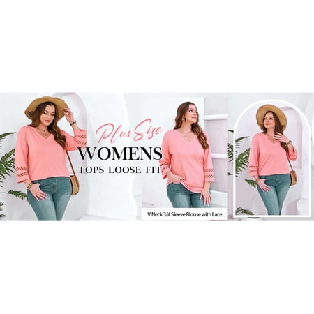 WellSize 3/4 Sleeve Womens Plus Size Tops V Neck Trendy Tunic Blouses Curved Hem Casual Shirts
