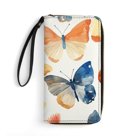 Womens Wallet Bifold Ladies Cluth Bag Wristlet Wrist Strap Long Purse Butterfly Design